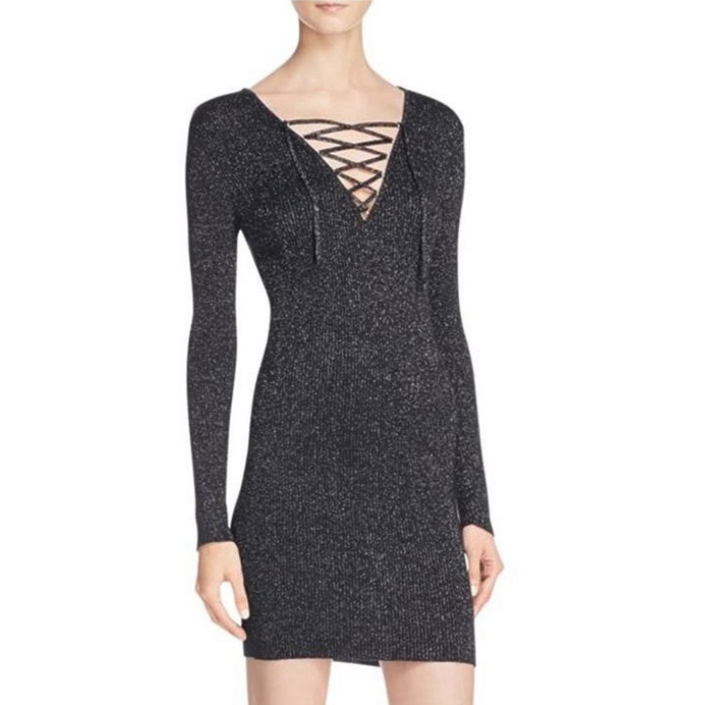 NWT ASTR the Label Cleo Black Gold Shimmer Mini Dress Long Sleeve Lace Up